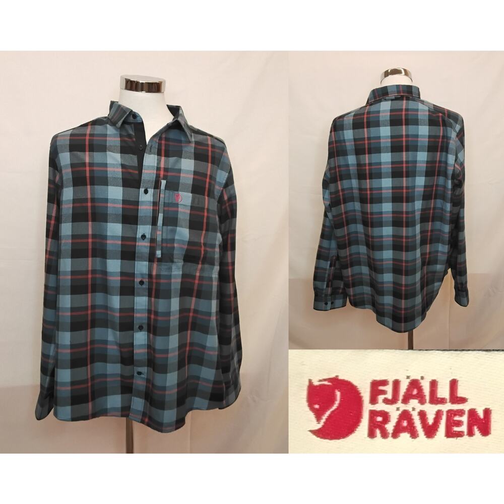 Fjallraven Fjallglim Shirt Mens XXL Blue Orange Plaid Flannel Button Down #W4866